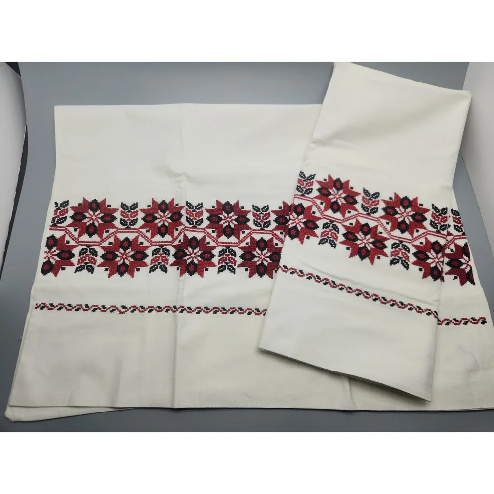 Hand Embroidered Pillowcase Set Ethnic Folk Cover Red Black 29